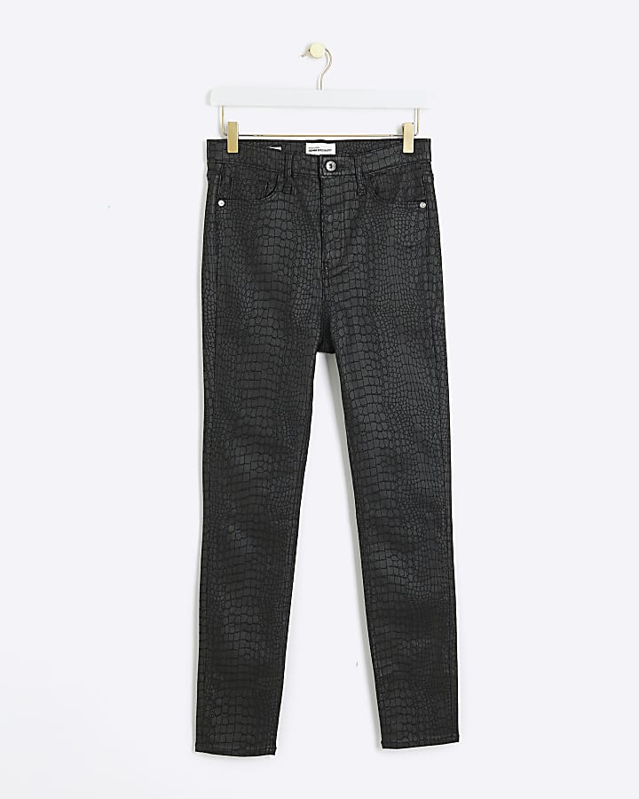 Black croc embossed coated jeans