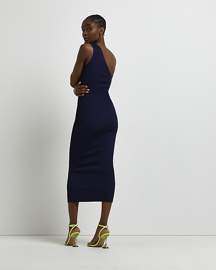Navy one shoulder bodycon midi dress