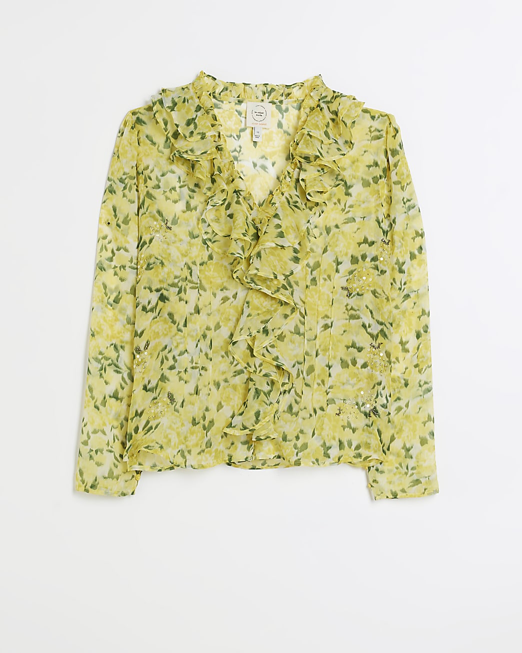 Yellow floral print ruffle blouse