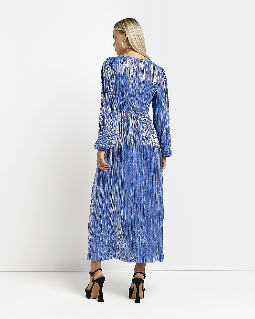 Petite silver metallic plisse midi dress