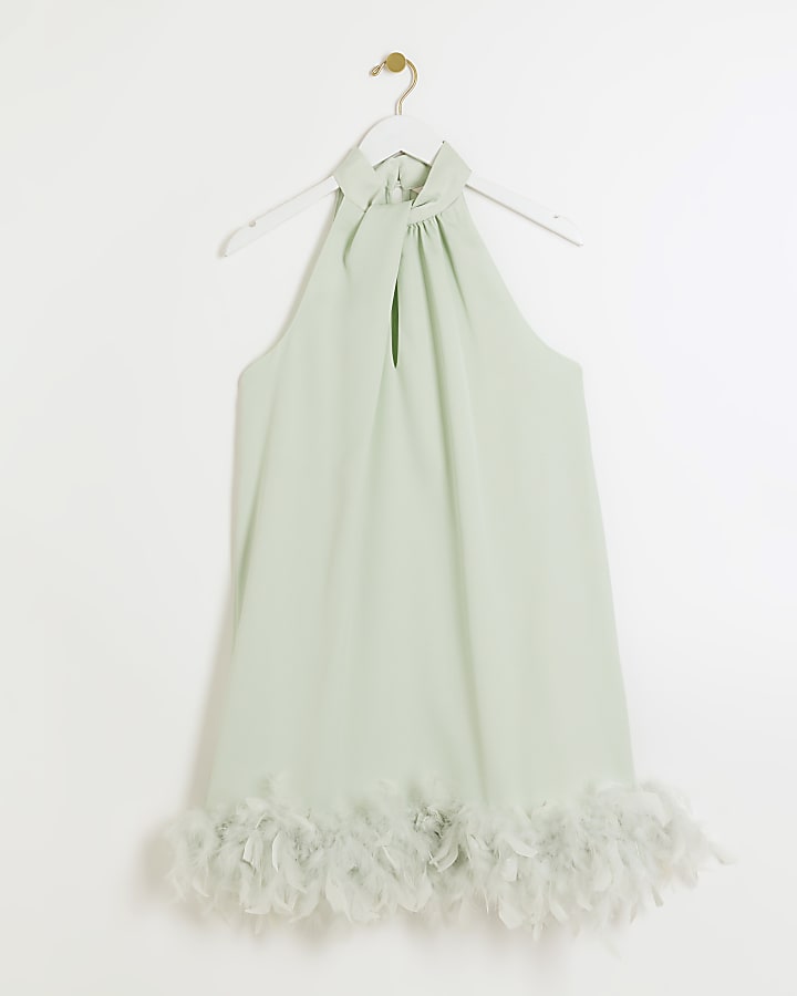 Green feather hem shift mini dress