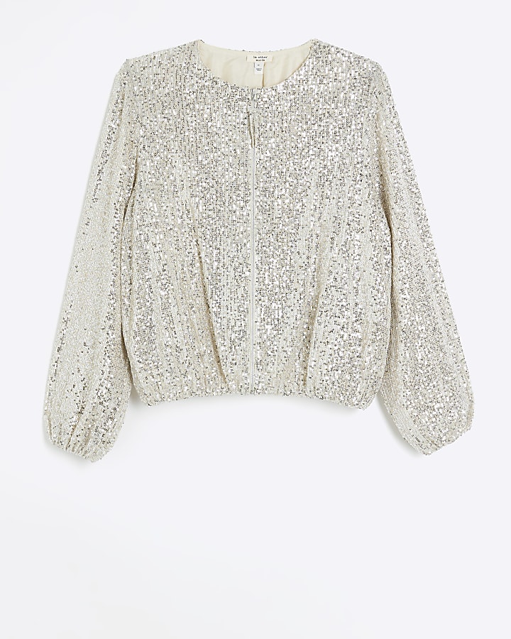 Silver sequin zip up bomber jacket