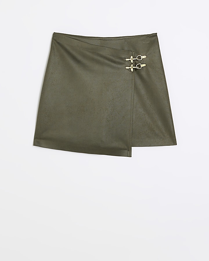 Khaki faux leather buckle mini skirt