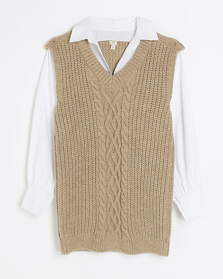 Beige cable knit hybrid jumper mini dress