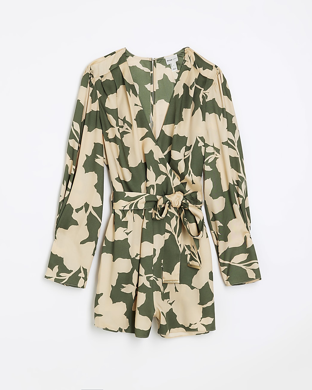 Green floral print belted playsuit