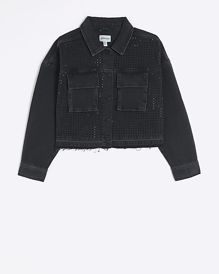 Black diamante crop denim jacket