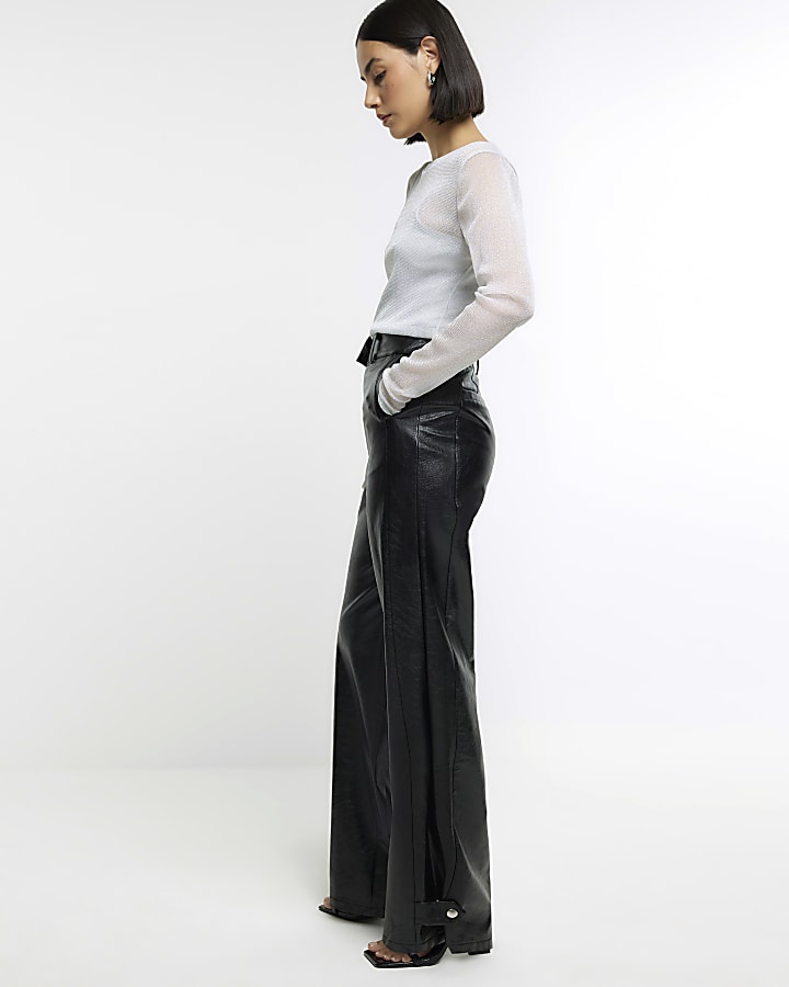 Black faux leather wide leg trousers