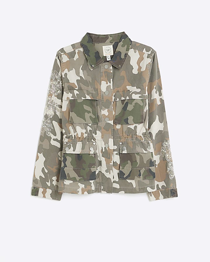 Khaki camo embellished utility shacket