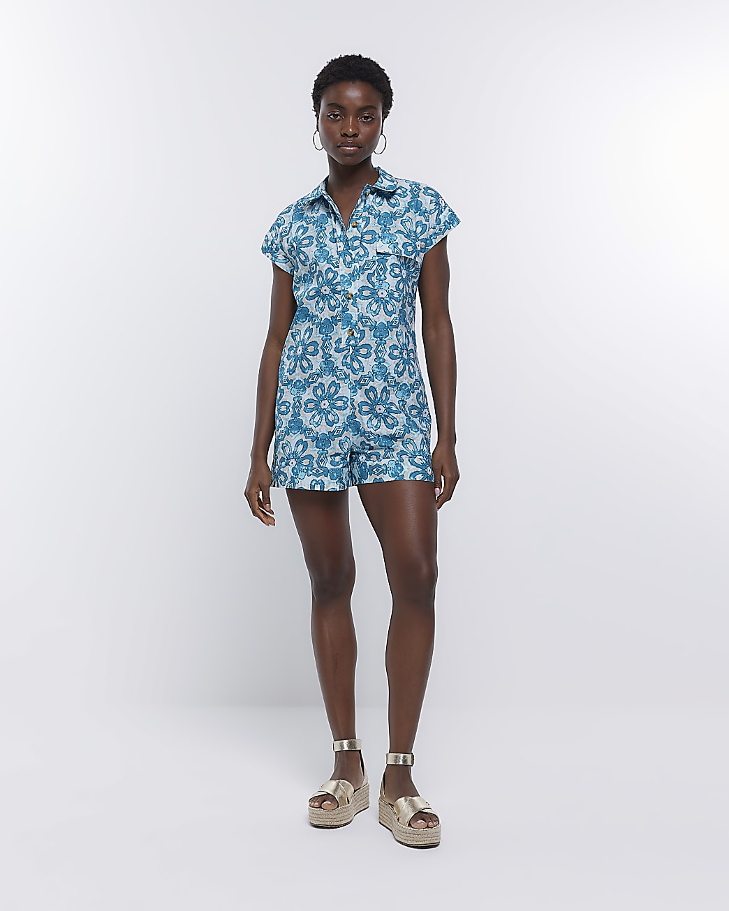 Blue aztec short sleeve playsuit