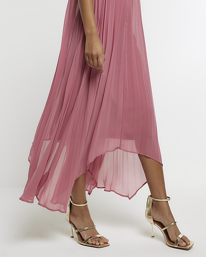 Pink plisse choker slip midi dress