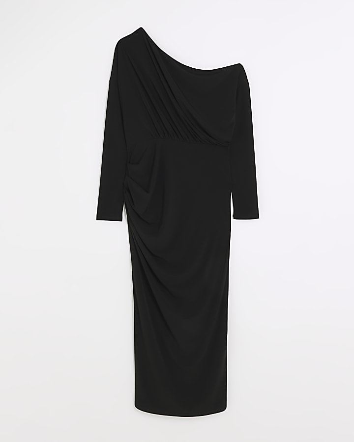 Black off shoulder bodycon midi dress