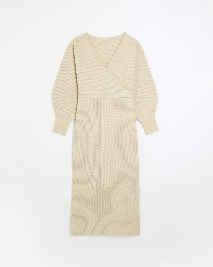 Beige knitted wrap jumper midi dress