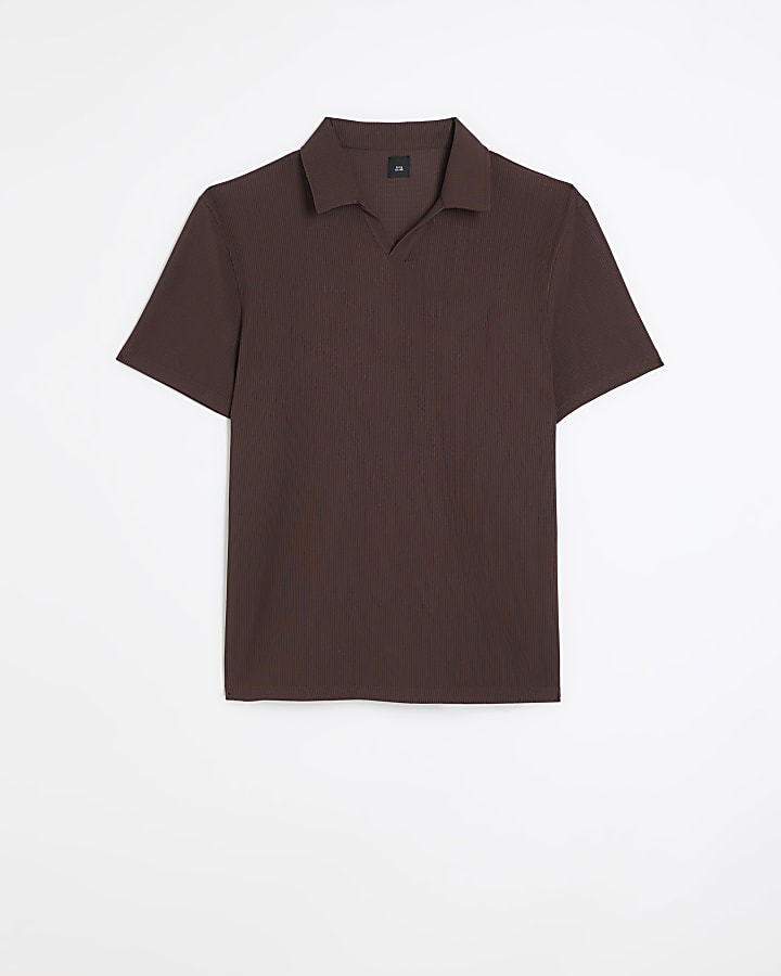 Brown slim fit ottoman short sleeve polo