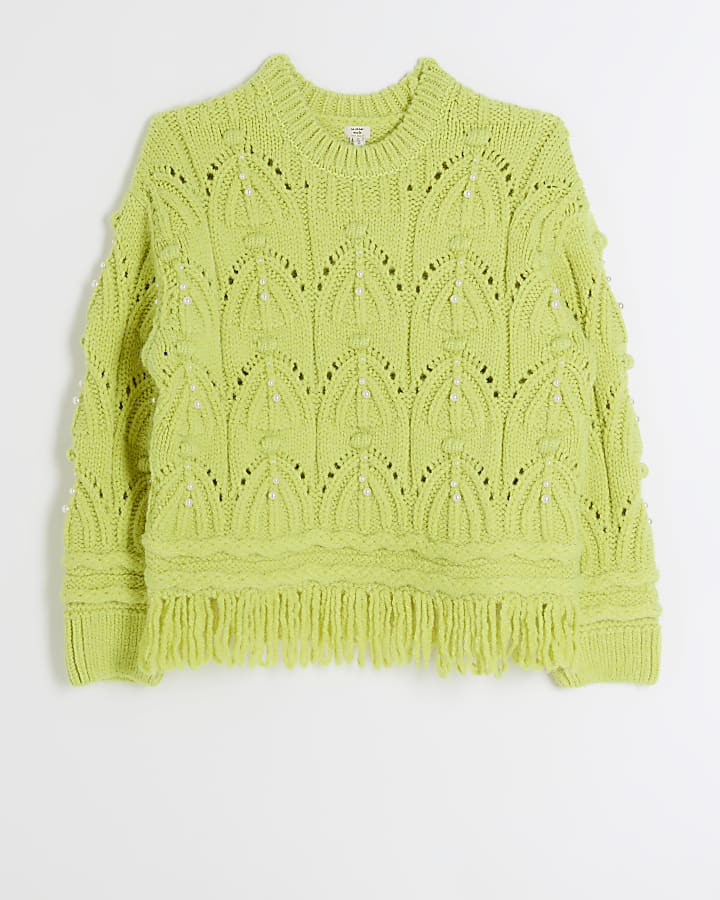Yellow cable knit fringe jumper