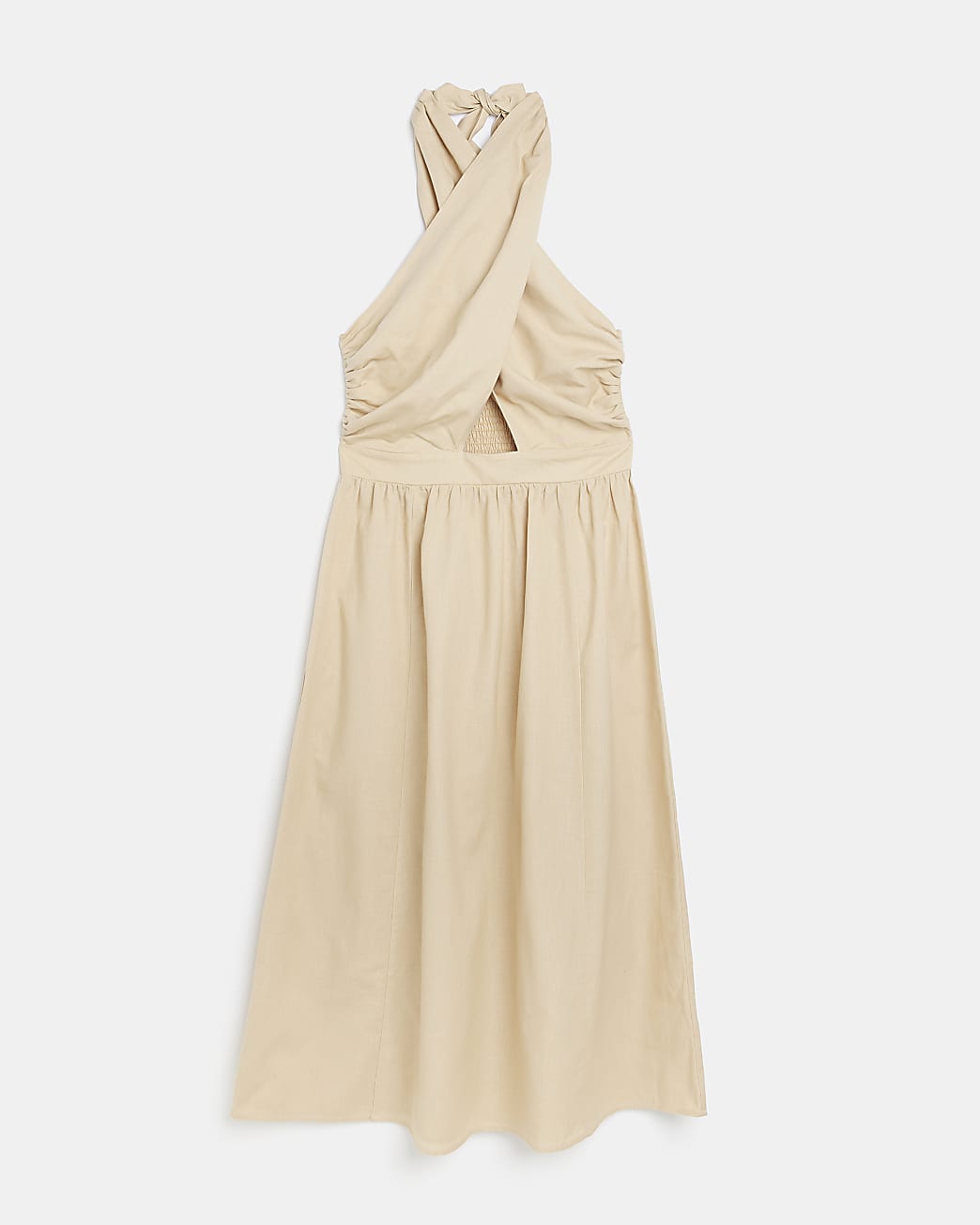 Beige linen halter neck midi dress