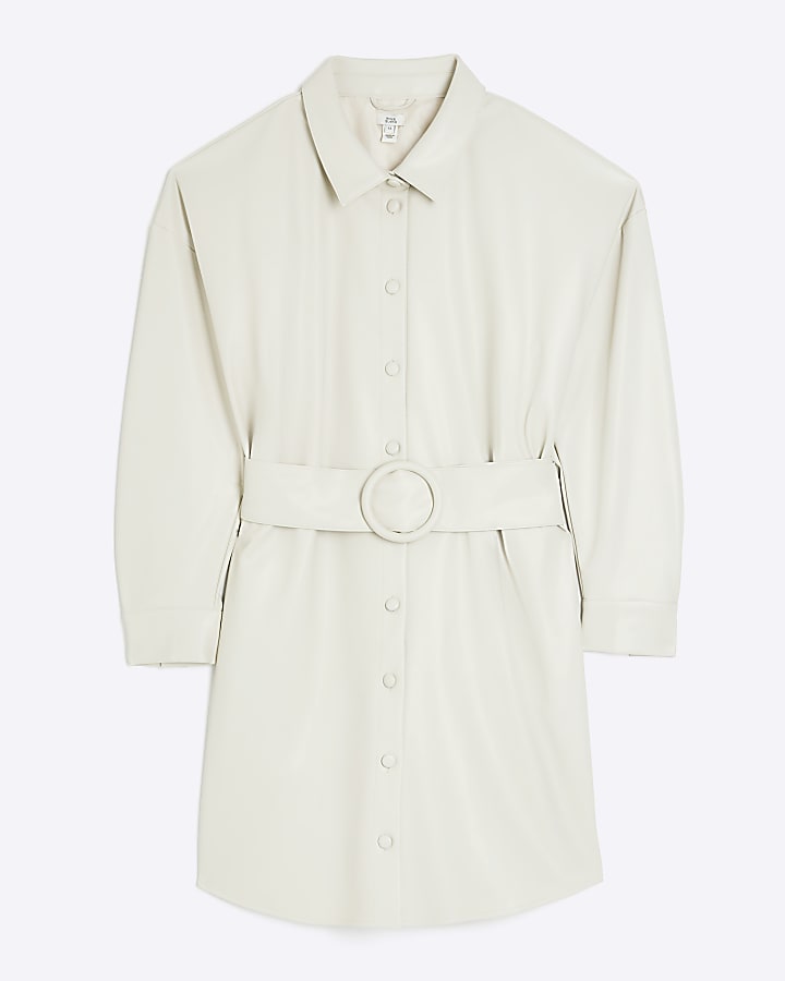Ecru faux leather belted mini shirt dress