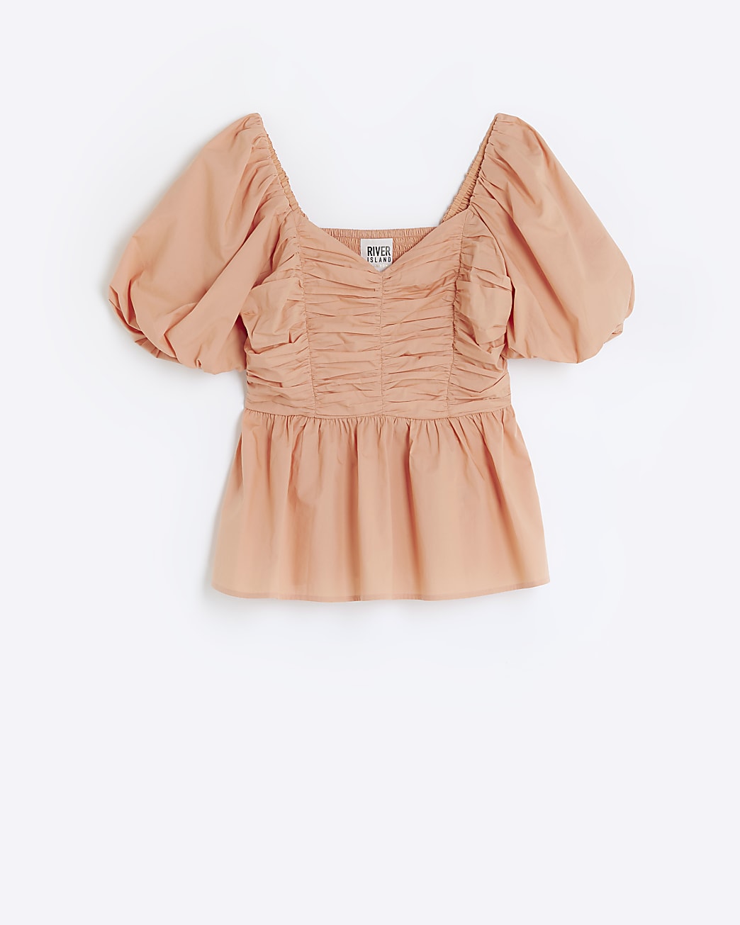 Orange poplin ruched puff sleeve blouse