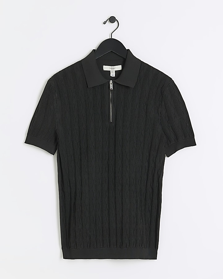 Black muscle fit cable knit half zip polo