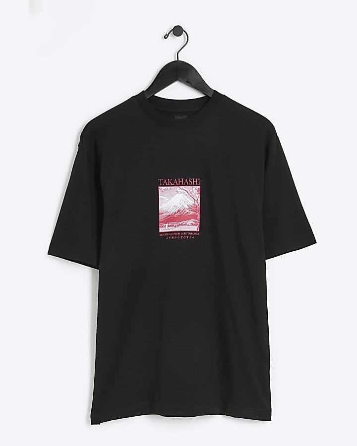 Black regular fit graphic back print t-shirt