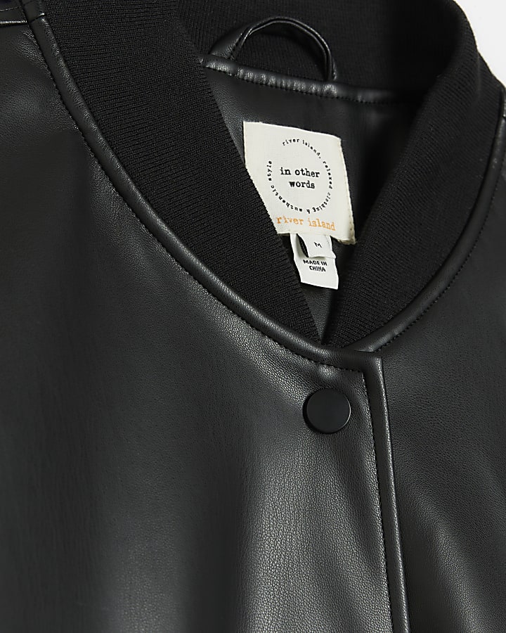 Black faux leather bomber jacket