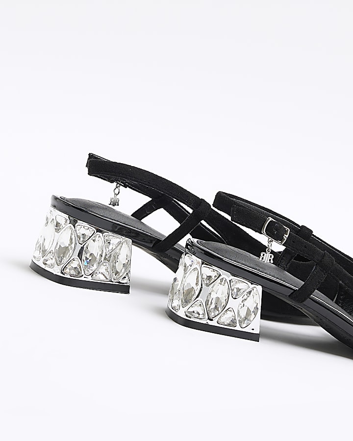 Black crystal heel sling back shoes