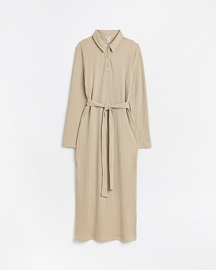 Beige long sleeve bodycon midi dress