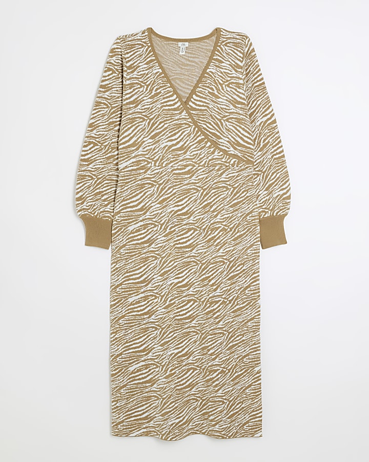 Beige animal print wrap jumper midi dress