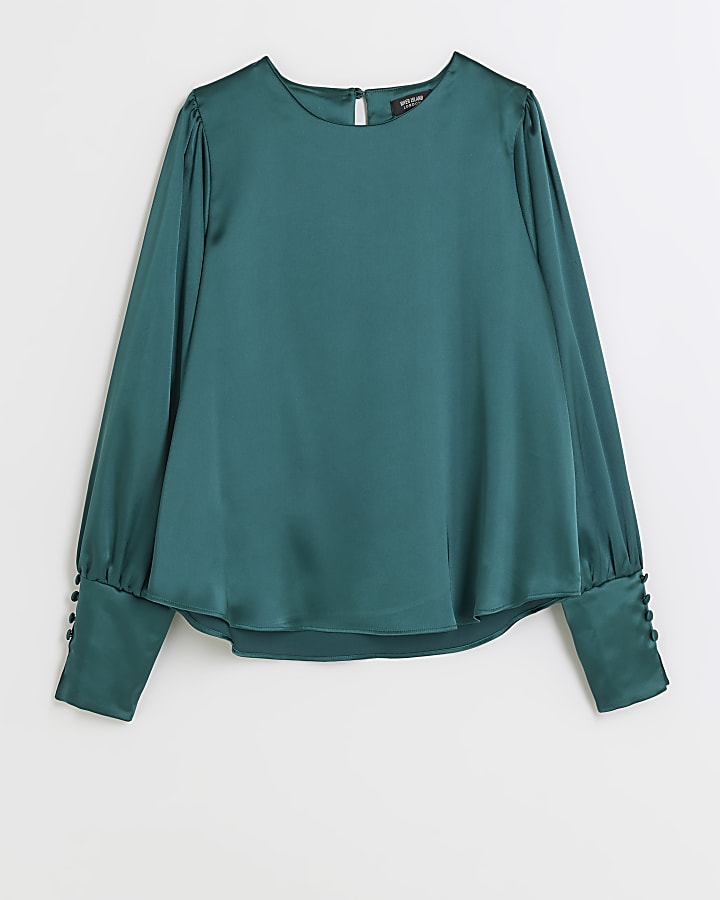 Green satin long sleeve blouse