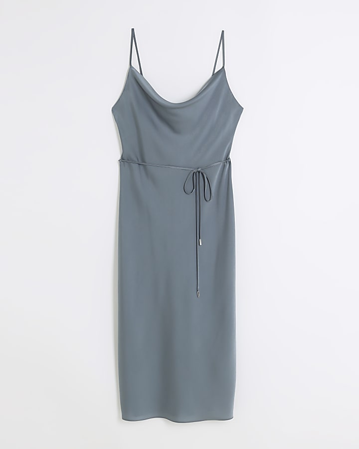 Grey satin cowl neck slip midi dress