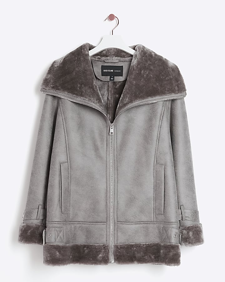 Grey faux leather aviator jacket