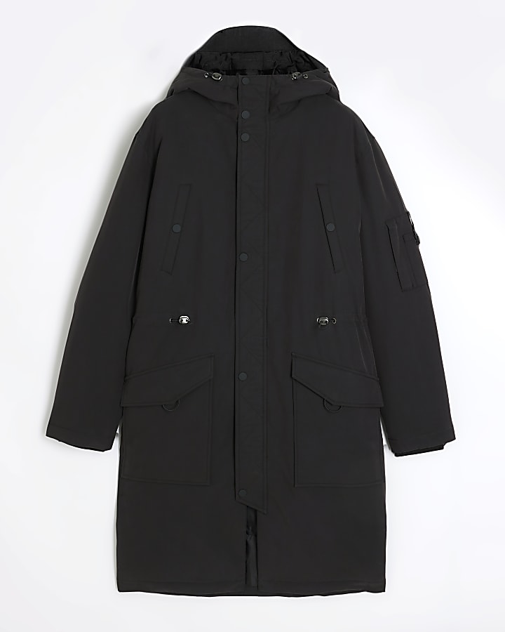 Black hooded longline parka jacket