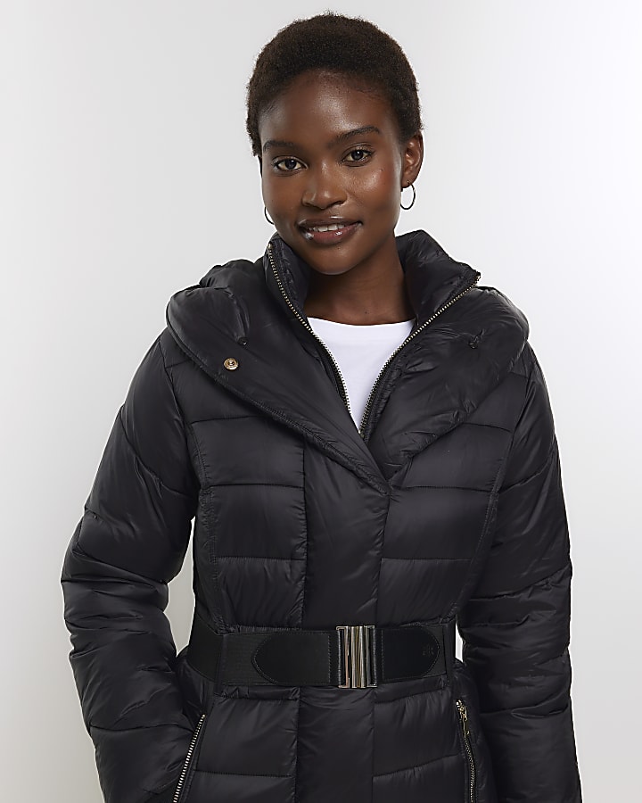 Black belted padded longline jacket
