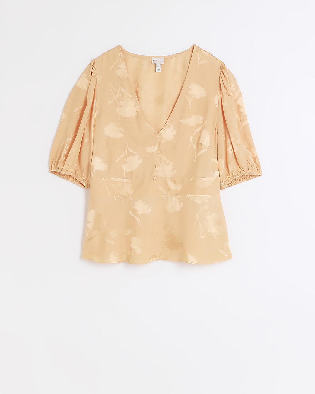 Coral jacquard floral puff sleeve blouse