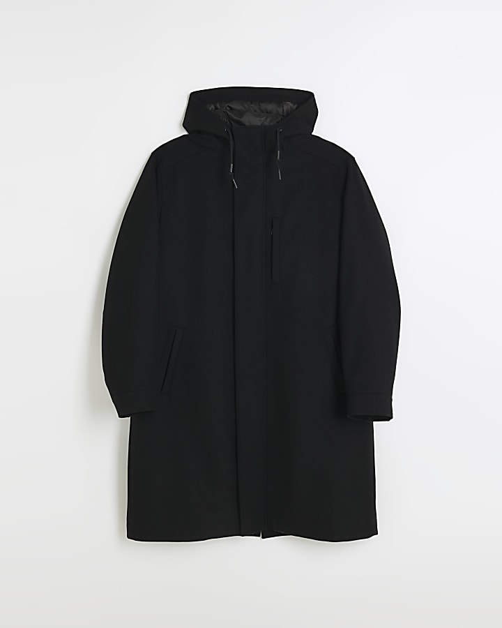 Black regular fit wool blend parka coat