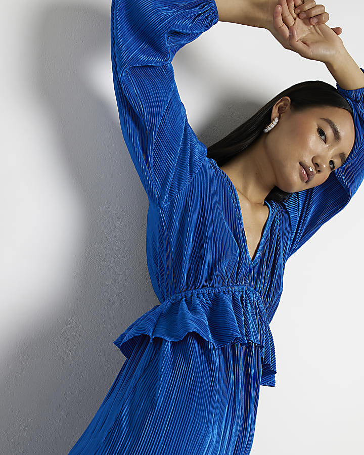Blue long sleeve plisse frill midi dress