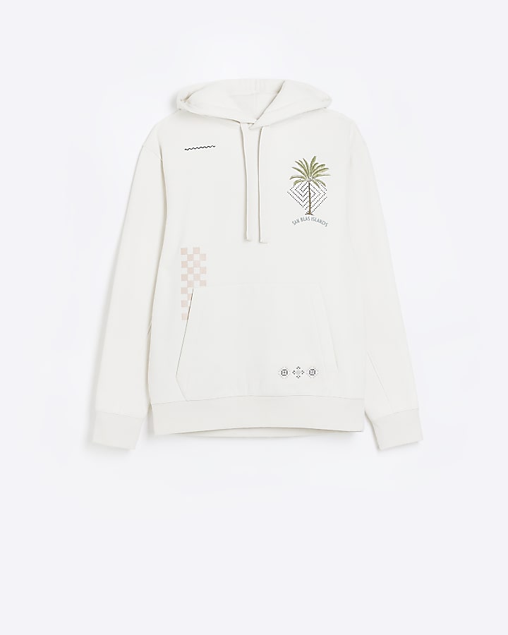 Ecru regular fit embroidered hoodie
