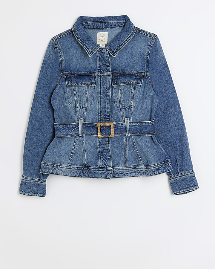 Petite blue belted denim jacket
