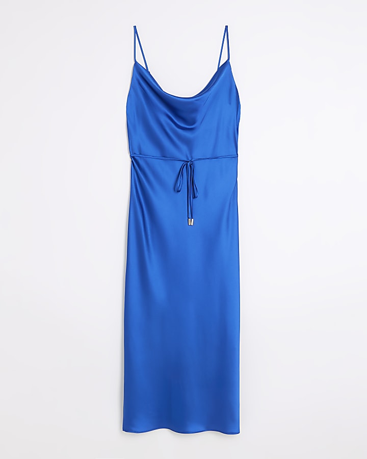 Blue satin slip midi dress
