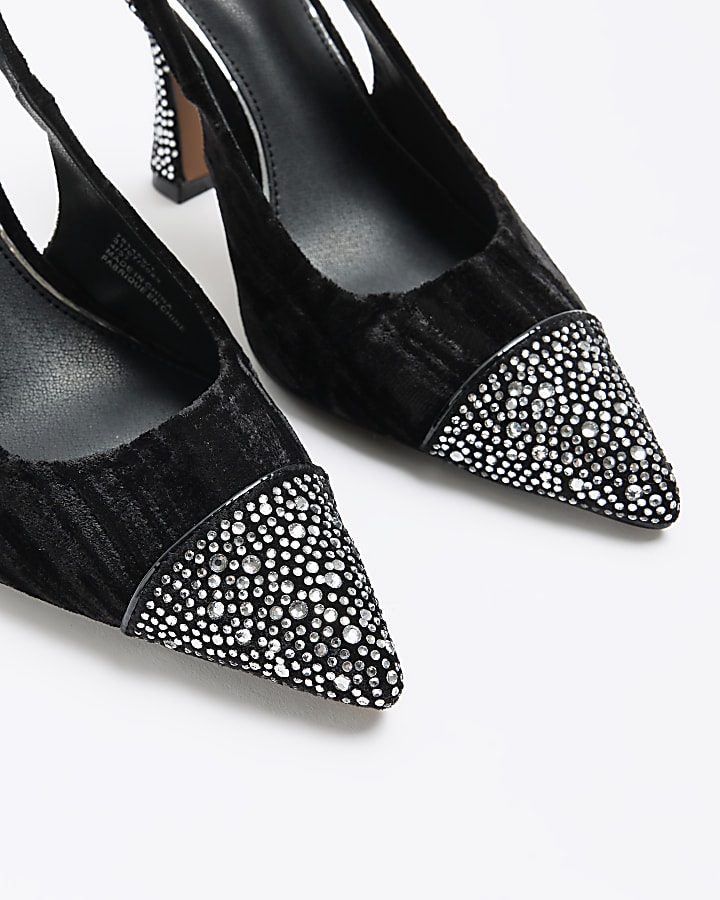 Black velvet diamante heeled court shoes