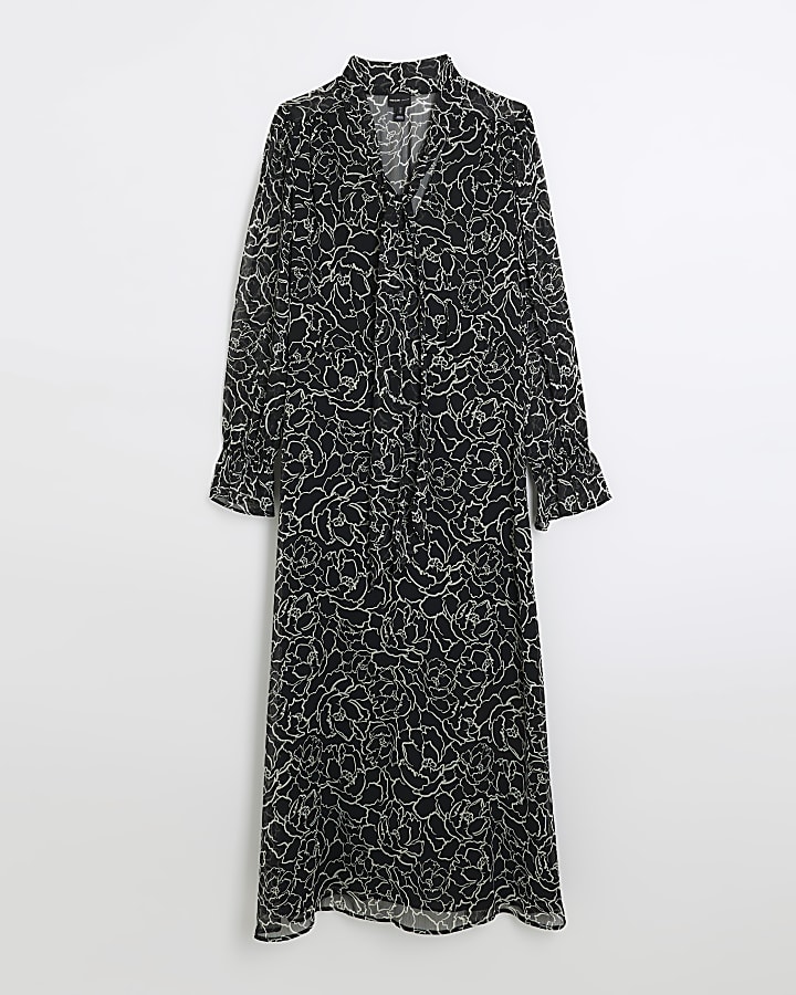 Black chiffon floral swing midi dress