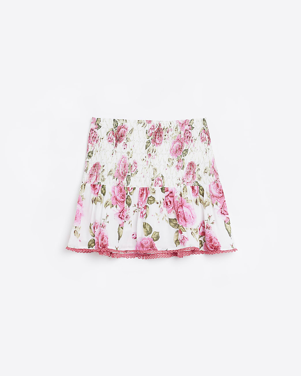 White Floral Print Shirred Mini Skirt