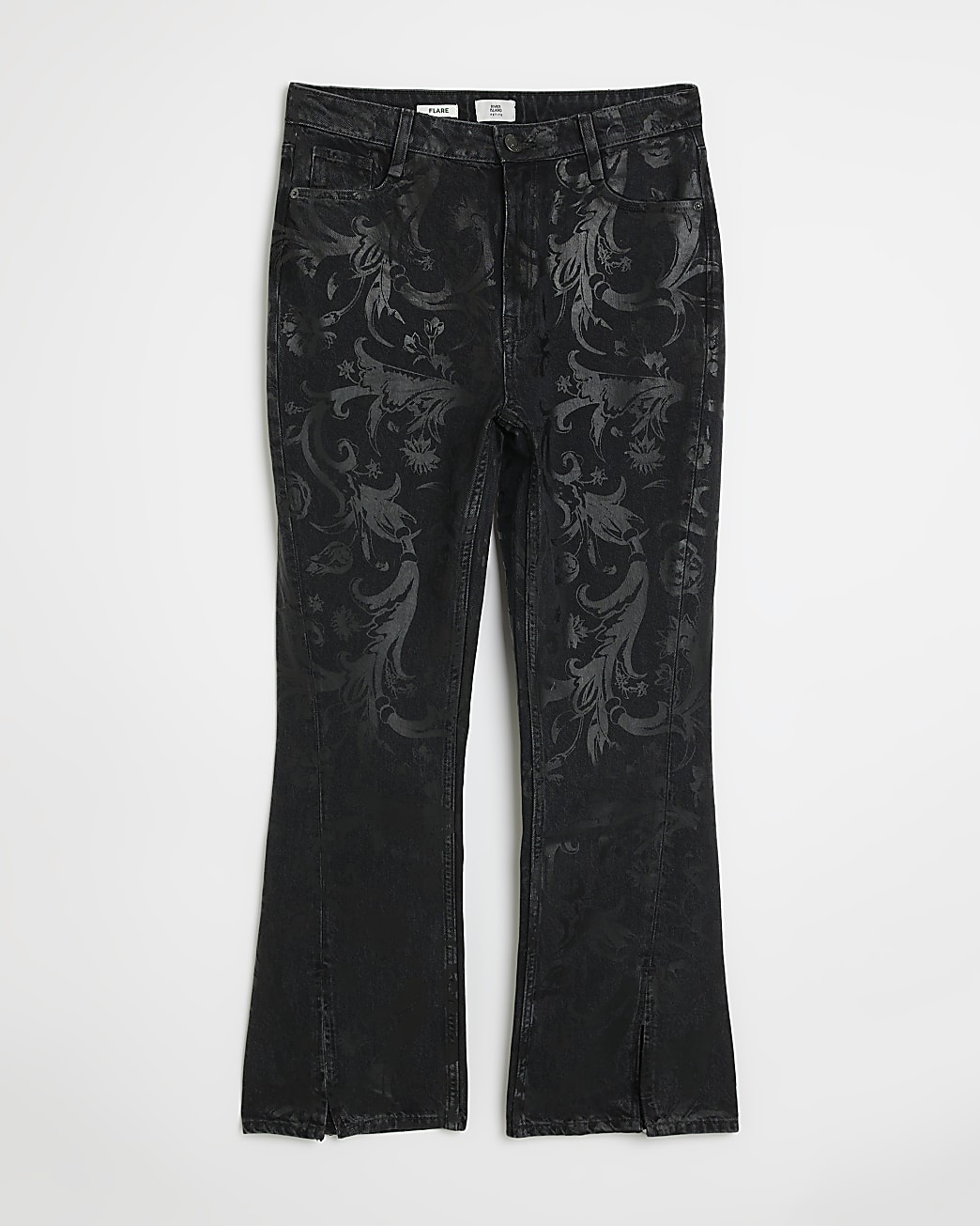 Petite black coated high waisted flared jeans