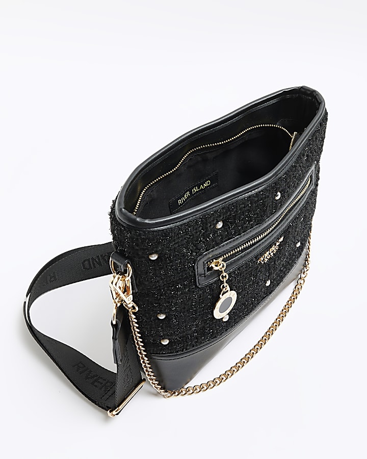Black boucle pearl detail cross body bag