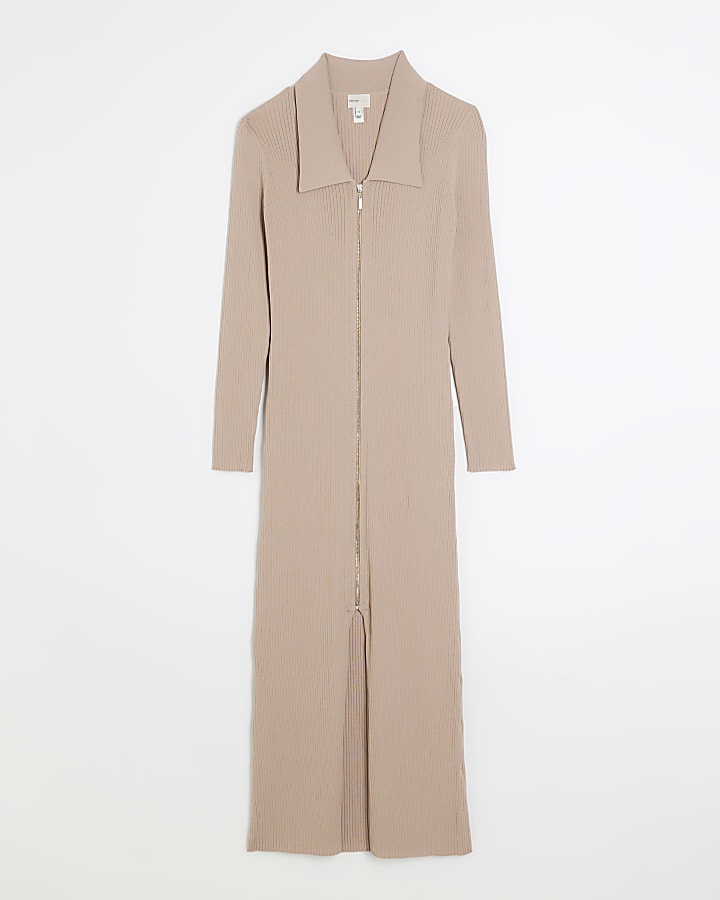 Stone knitted zip bodycon midi dress