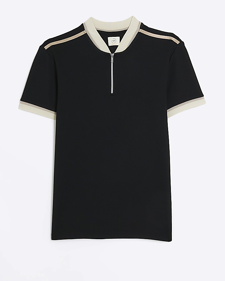 Black slim fit taped baseball collar polo