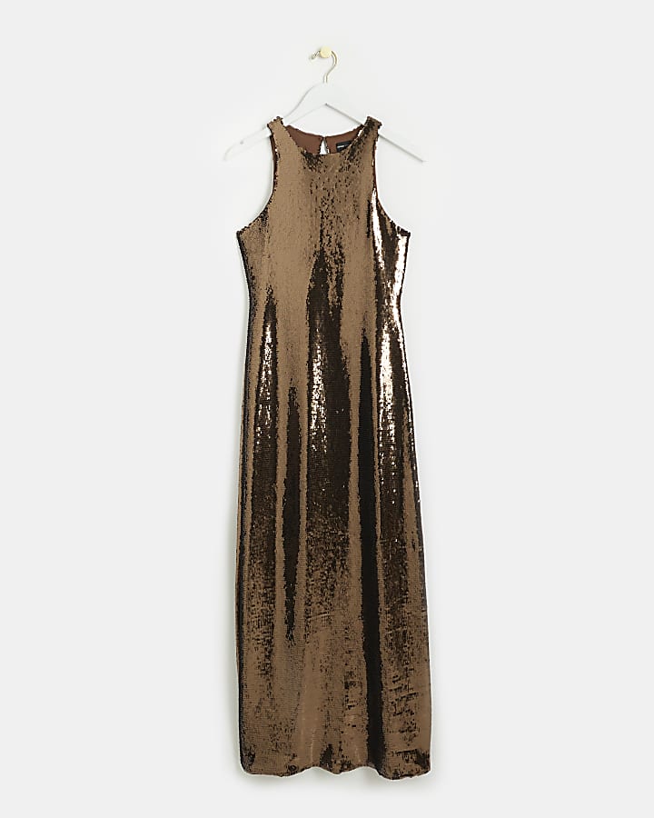 Brown sequin slip maxi dress