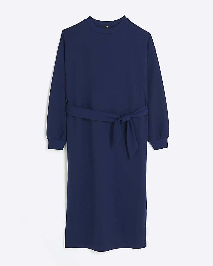 Navy tie jersey sweatshirt midi dress