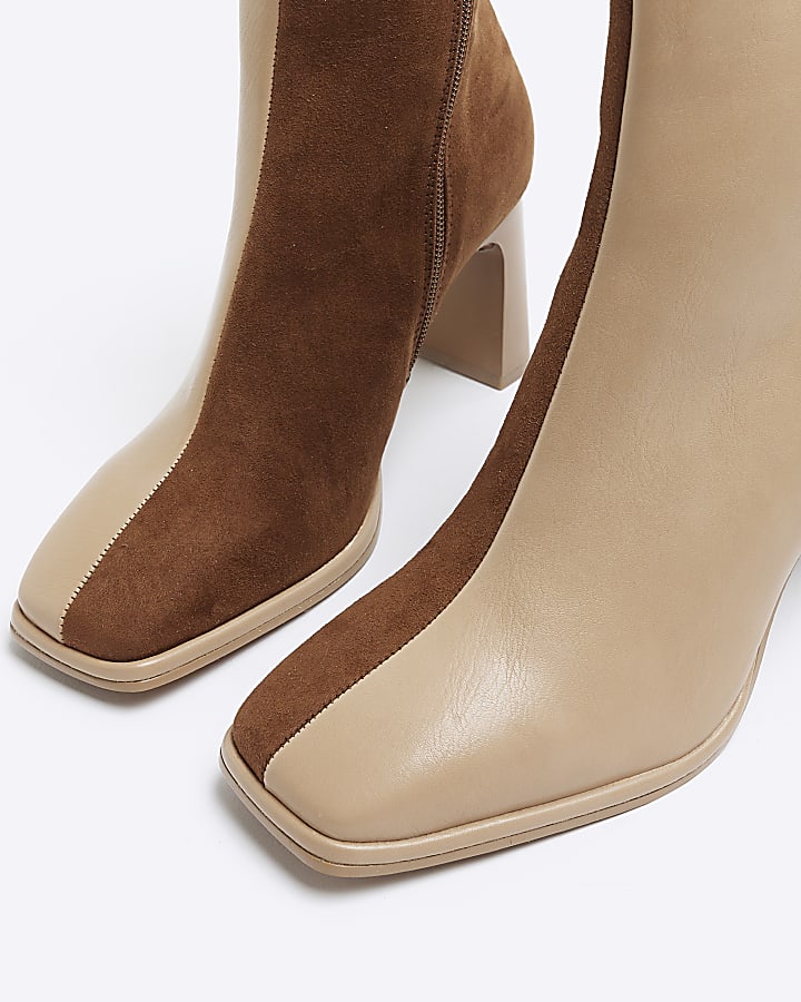 Beige two tone square toe heeled ankle boots