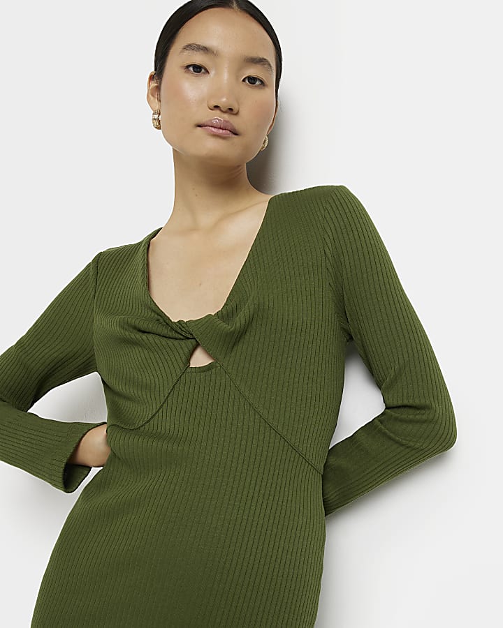 Khaki ribbed bodycon midi dress