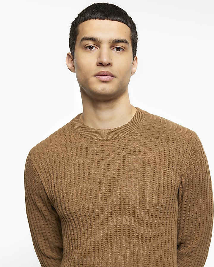Beige slim fit waffle texture jumper